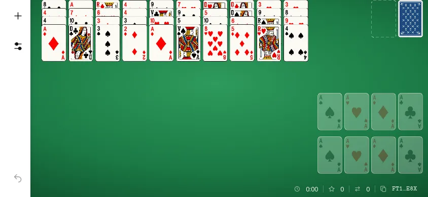 Quarante Voleurs sur téléphone tenu à l’horizontale, début d’une partie : dix colonnes de quatre cartes visibles, huit fondations encore vides et la pioche de 64 cartes.